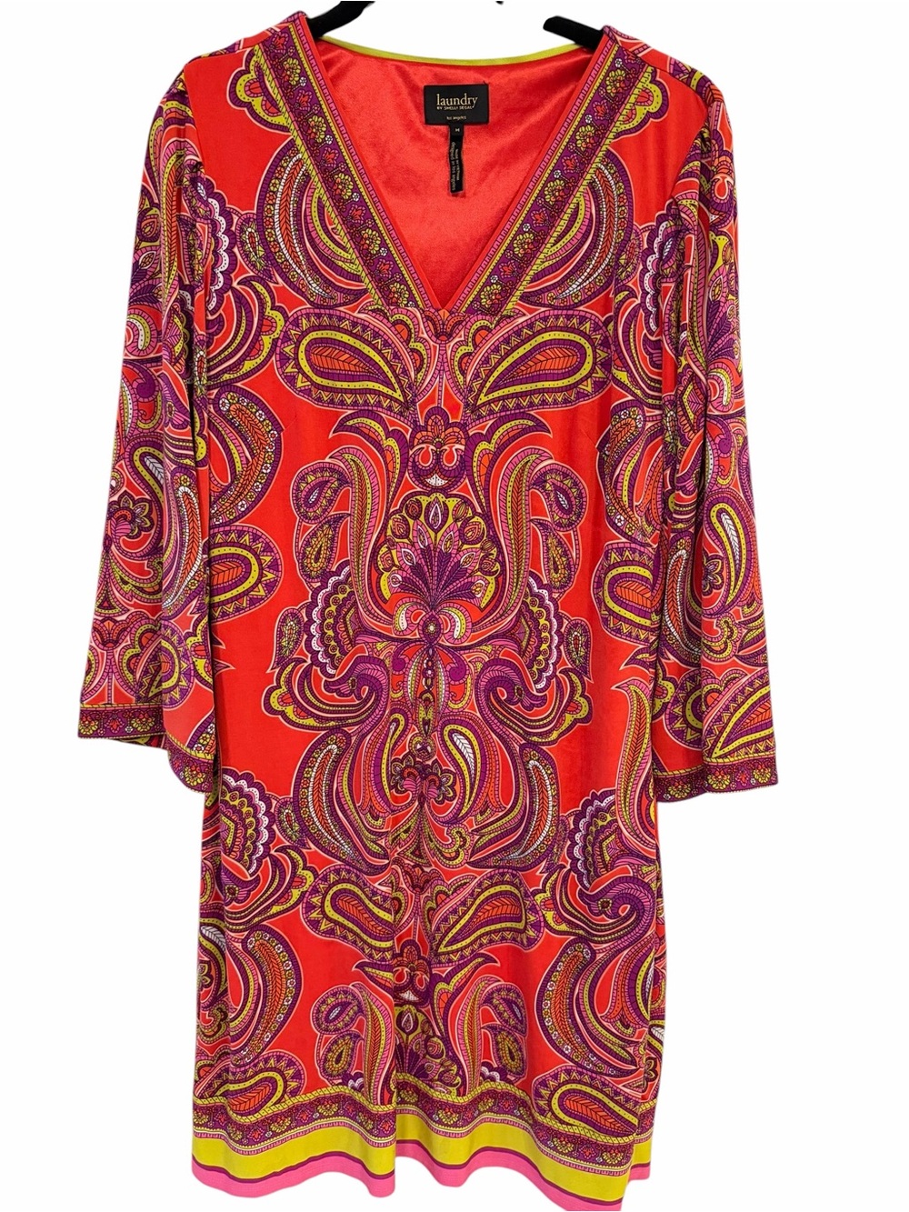 Laundry by Shelli Segal Vibrant Paisley V-Neck Tunic Dress - Red Pink Yellow M